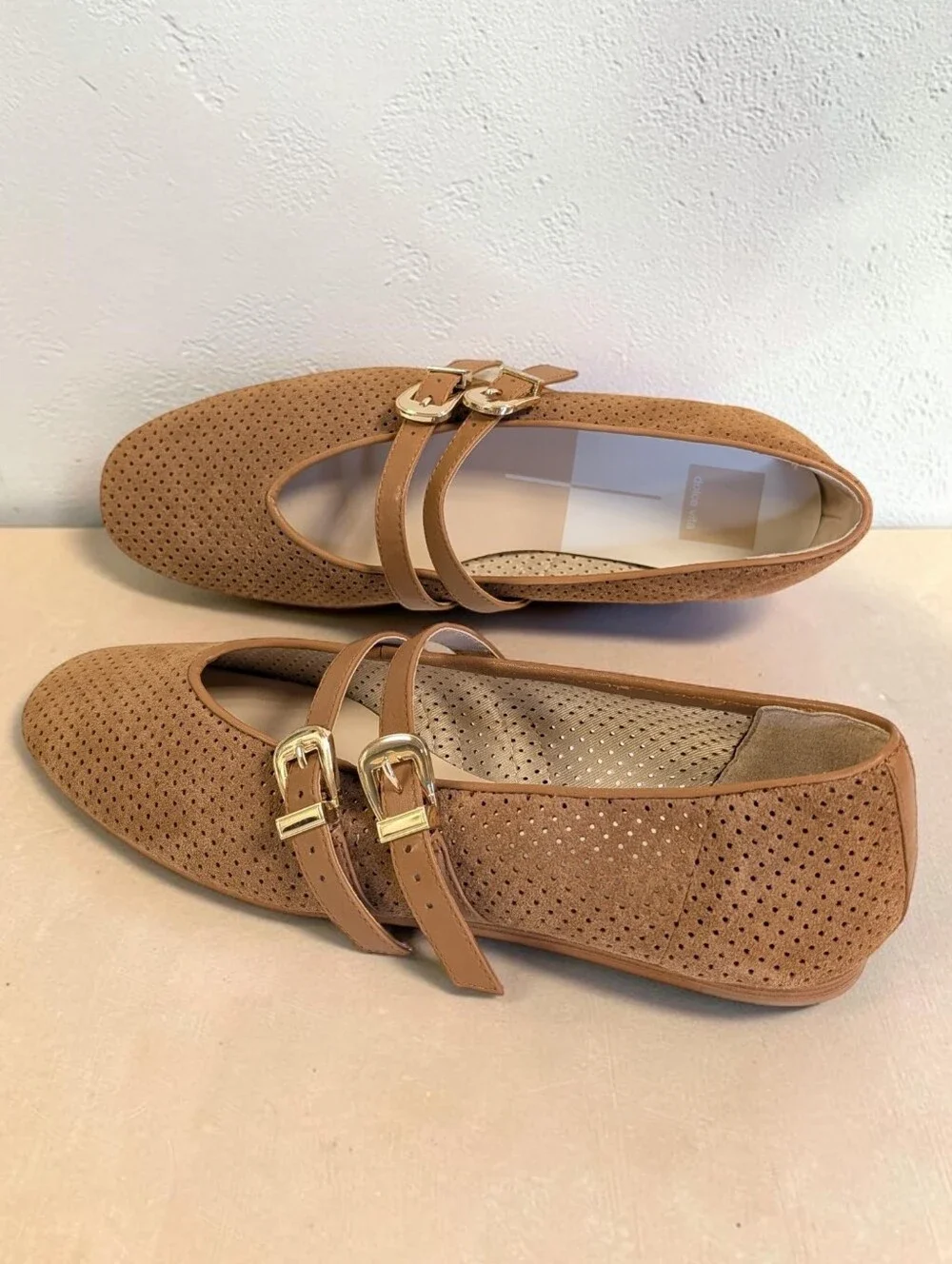 Dolce Vita Baylee Perforated Tan Suede Double-Buckle Mary Jane Ballet Flats 9.5